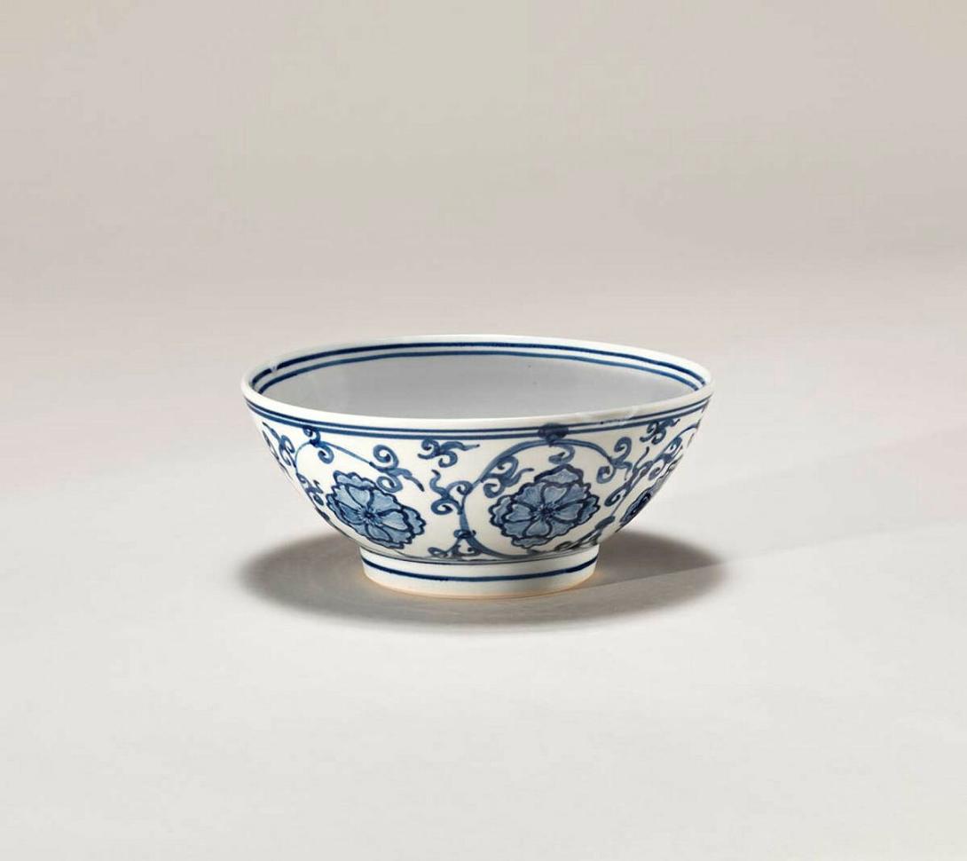 Artwork Bowl, blue and white this artwork made of Porcelain, wheelthrown with cobalt brush floral decoration and clear glaze