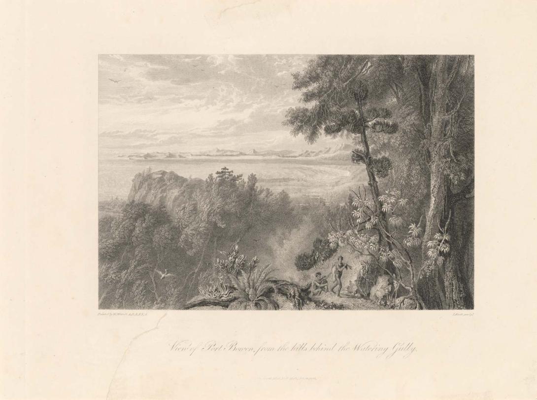 Artwork View of Port Bowen, from the hills behind the Watering Gully this artwork made of Engraving on paper, created in 1814-01-01