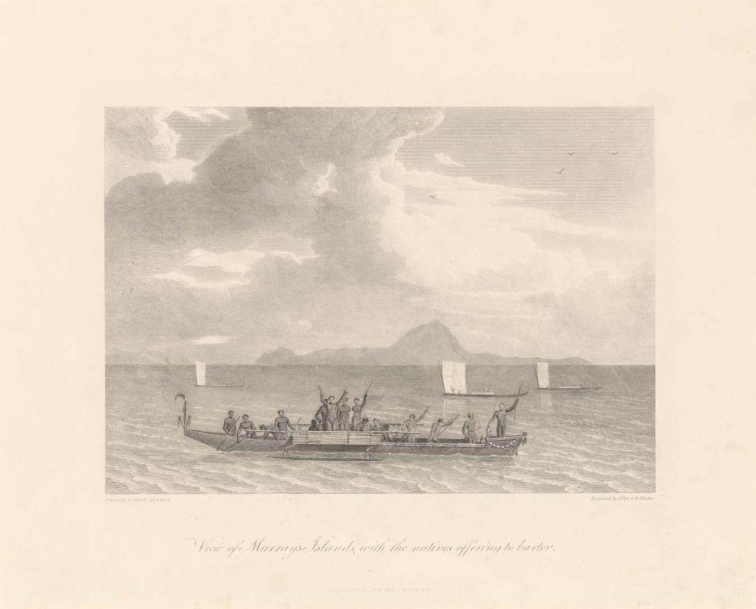 Artwork View of Murray's Islands, with the natives offering to barter this artwork made of Engraving on paper, created in 1814-01-01