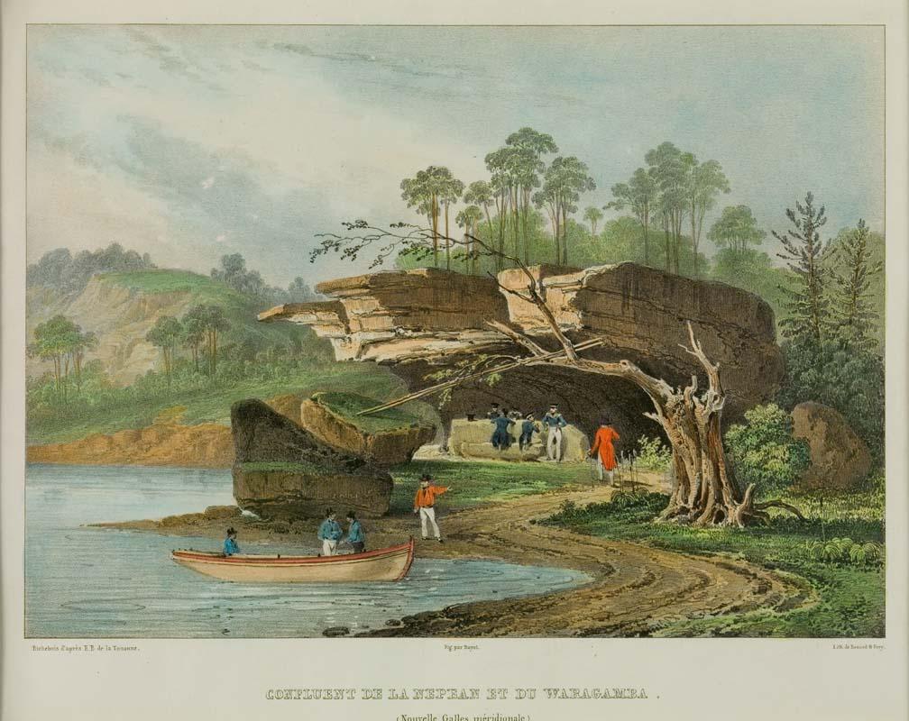 Artwork Confluent de la Nepean et du Warangamba this artwork made of Lithograph, hand-coloured on paper, created in 1823-01-01
