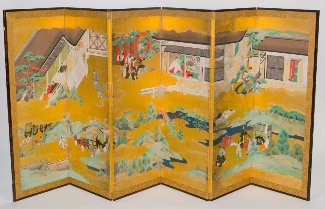 Artwork Pair of six fold screens:  Scenes from the Genji Monogatari (Tale of Genji) this artwork made of Ink, gold and colours on paper on six-fold wooden framed screens, created in 1650-01-01