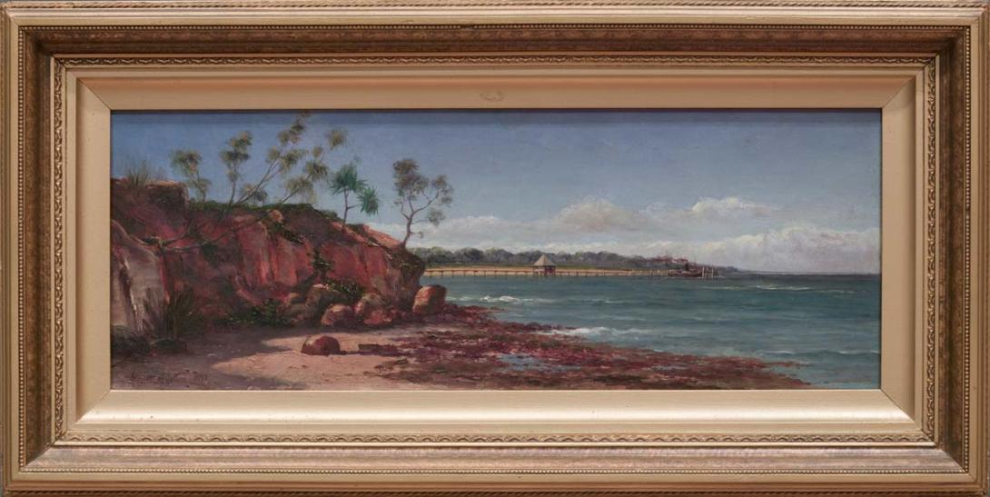 Artwork (Redcliffe Jetty and Sutton's Beach) this artwork made of Oil on board, created in 1899-01-01