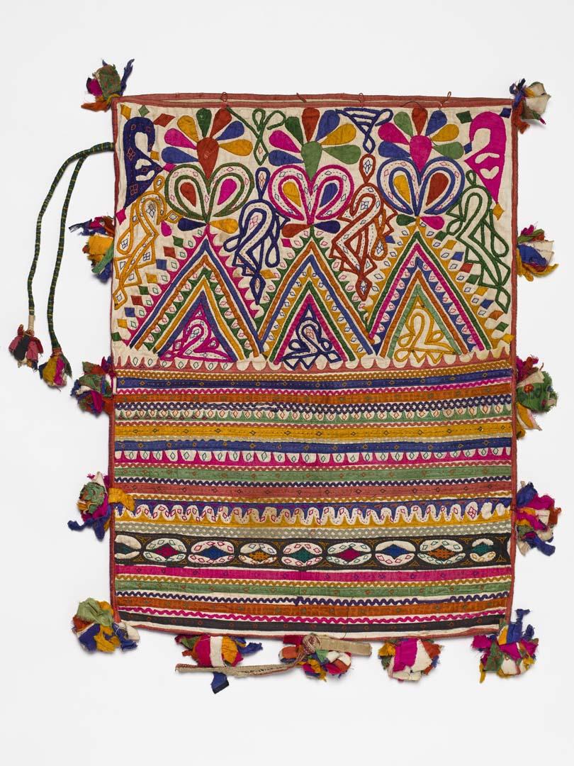 Artwork Kothali (dowry bag) with appliqué this artwork made of Cotton with cotton appliqué, silk, mashru (hand-woven satin silk fabric) and commercial braid