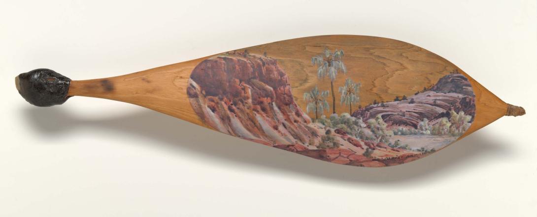 Artwork Palm Valley this artwork made of Watercolour over pencil on woomera wood;  carved wood with stone, spinifex resin