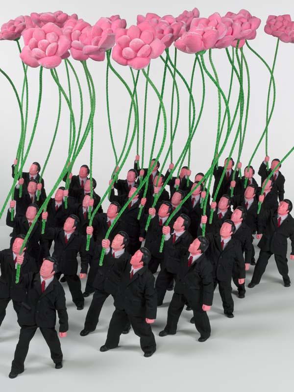 Artwork People holding flowers this artwork made of Synthetic polymer paint on resin; velour, steel wire, dacron, lodestone and cotton, created in 2007-01-01