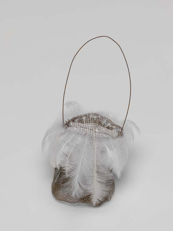 Artwork Narrbong (String bag) this artwork made of Rusted gauze wire with white pelican down, created in 2007-01-01