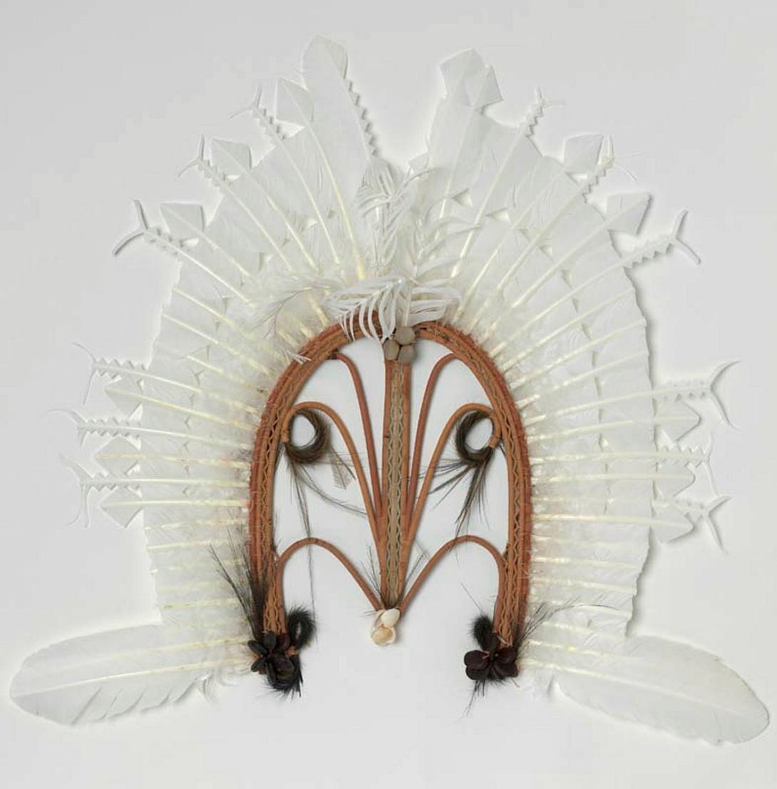 Artwork Dancing headdress this artwork made of Cane, bamboo, string with natural pigments, bees wax, shell, seed, eagle and cassowary feathers, created in 2008-01-01