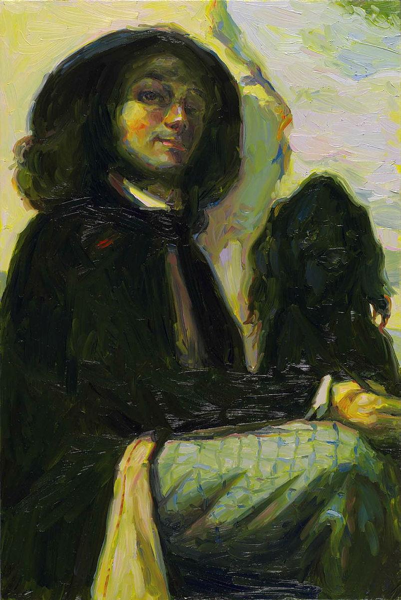 Artwork Master and dog in heavy black coats (get up) this artwork made of Oil on board, created in 2008-01-01