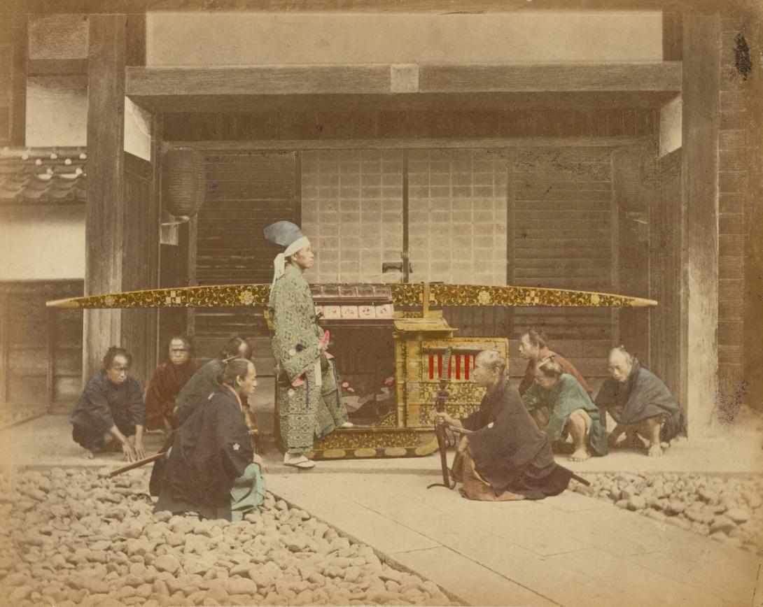 Artwork (Daimyo lord with bodyguards) (from 'Japan' album) this artwork made of Hand-coloured albumen photograph on board (originally bound in an album), created in 1870-01-01