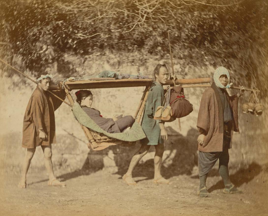 Artwork (Travelling by kago) (from 'Japan' album) this artwork made of Hand-coloured albumen photograph on board (originally bound in an album), created in 1867-01-01
