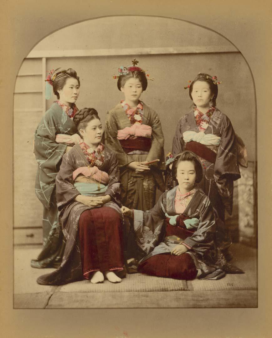 Artwork (Geisha fashions) (from 'Japan' album) this artwork made of Hand-coloured albumen photograph on board (originally bound in an album), created in 1870-01-01