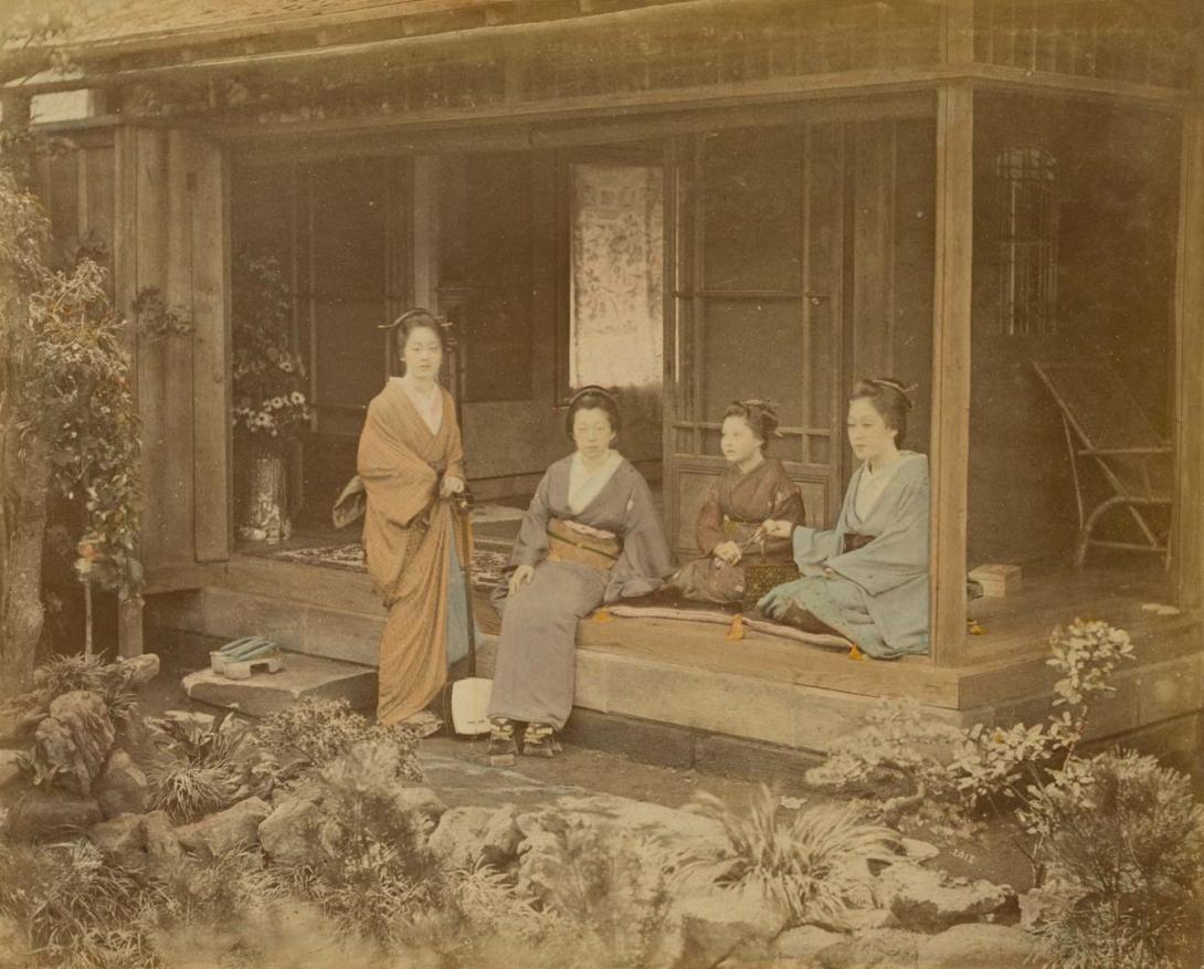Artwork (Geisha at tea-house) (from 'Japan' album) this artwork made of Hand-coloured albumen photograph on board (originally bound in an album), created in 1867-01-01