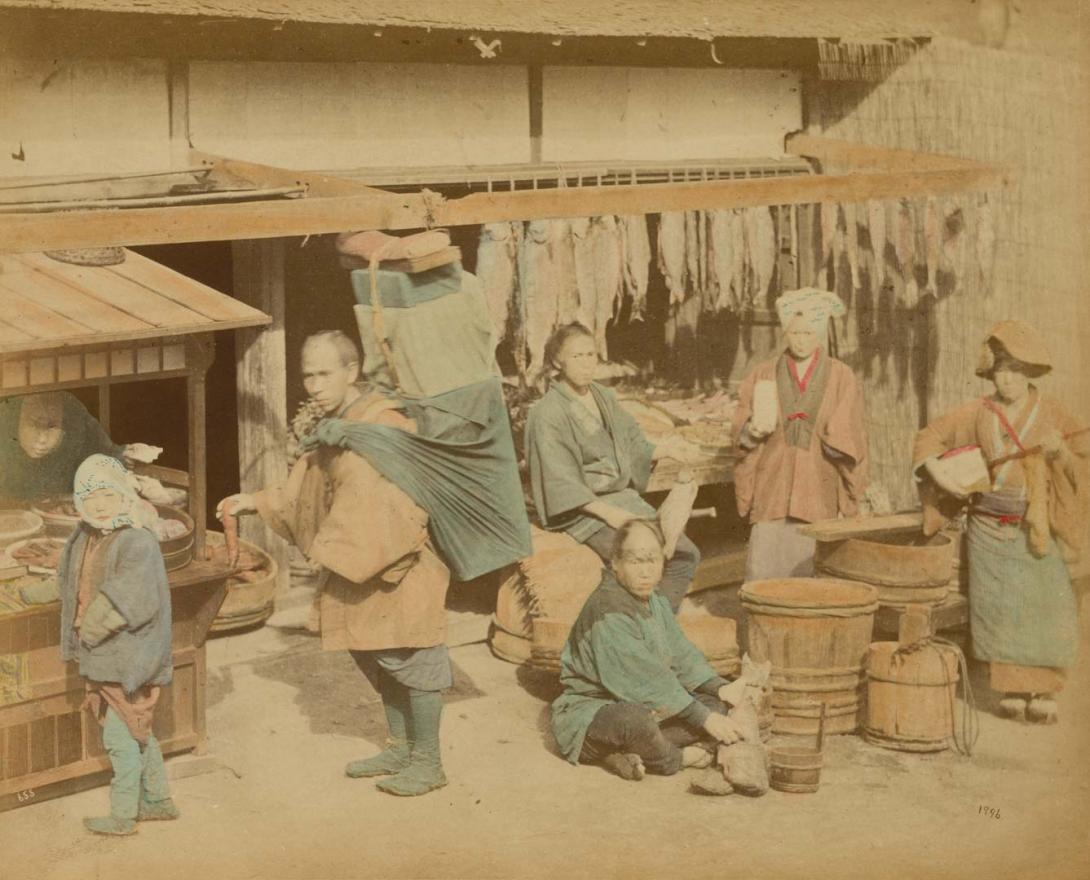 Artwork (Fish market) (from 'Japan' album) this artwork made of Hand-coloured albumen photograph on board (originally bound in an album), created in 1867-01-01
