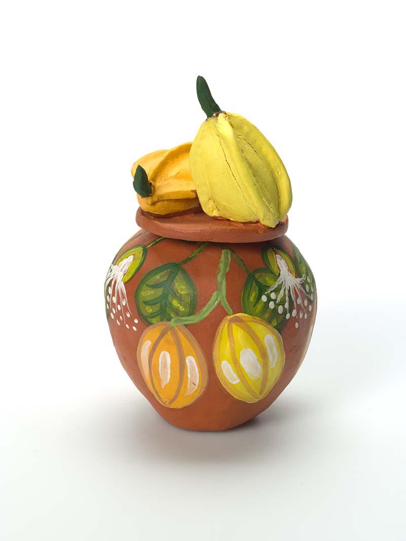 Artwork Rraatninga (wild passionfruit) (from 'Bush tucker' series) this artwork made of Earthenware, hand-built terracotta clay with underglaze colours and applied decoration, created in 2009-01-01