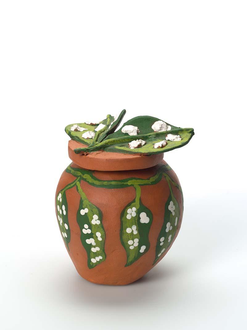 Artwork Paraltja lerop (red river gum leaf) (from 'Bush tucker' series) this artwork made of Earthenware, hand-built terracotta clay with underglaze colours and applied decoration, created in 2009-01-01