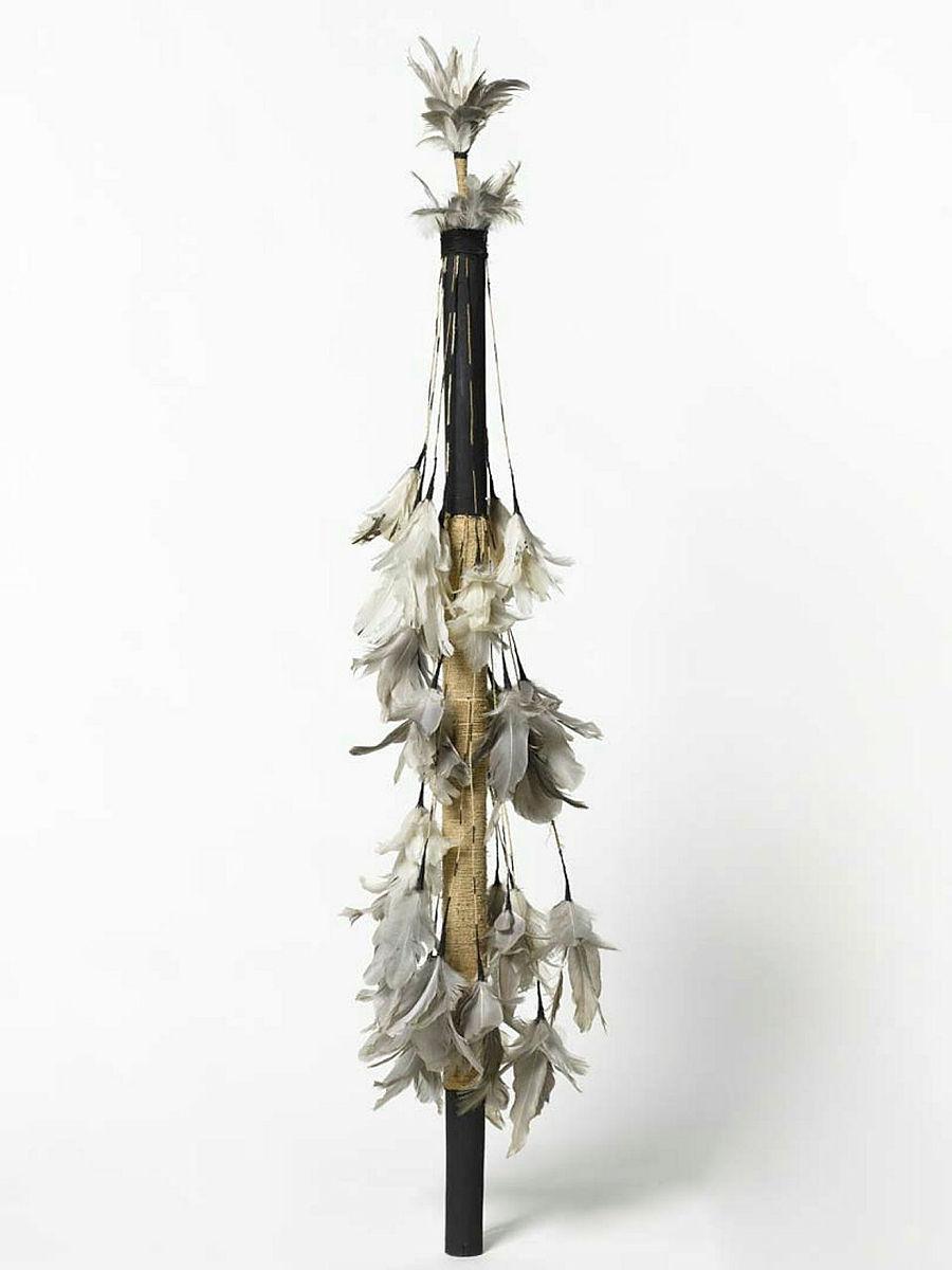Artwork Banumbirr (Morning Star pole) this artwork made of Wood, bark fibre string, cotton thread, feathers, natural pigments, synthetic polymer paint, created in 1999-01-01