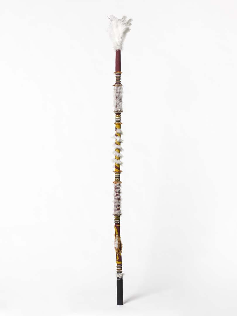 Artwork Banumbirr (Morning Star pole) this artwork made of Wood, cotton thread, feathers, synthetic polymer paint, created in 1999-01-01