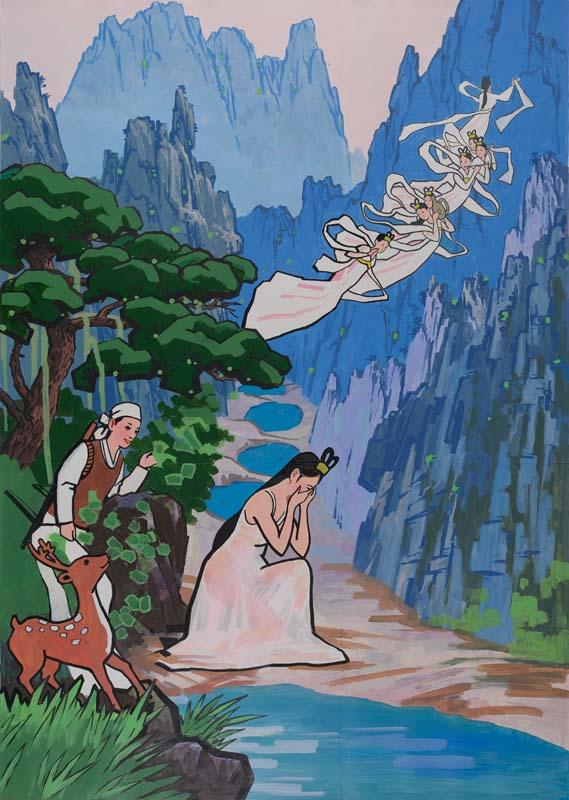 Artwork Fairies in the sky (from 'The Fairy of the Kumgang Mountains' series) this artwork made of Poster paint on paper, created in 2009-01-01