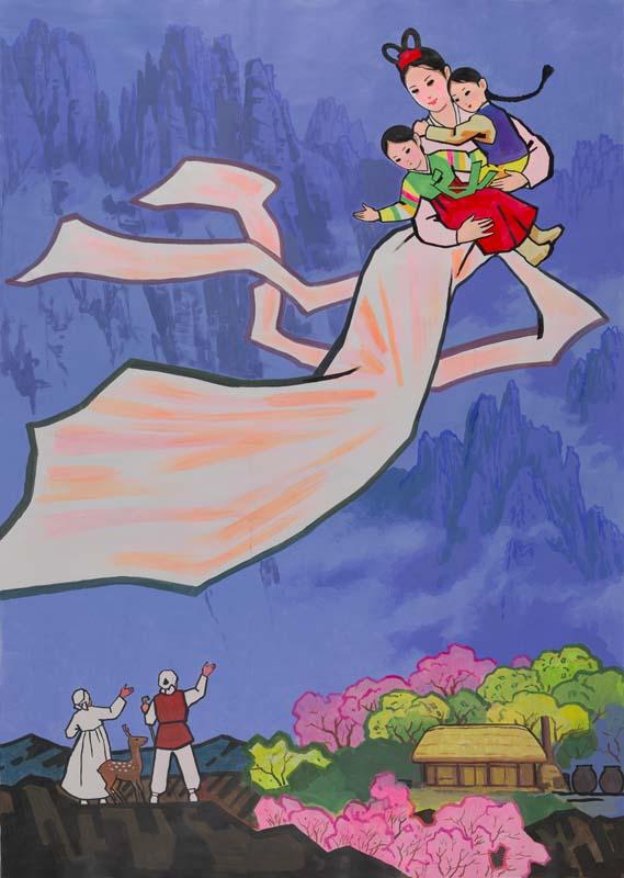 Artwork Flying fairy with children (from 'The Fairy of the Kumgang Mountains' series) this artwork made of Poster paint on paper, created in 2009-01-01