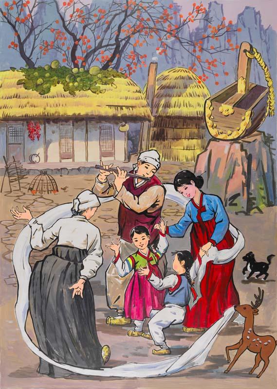 Artwork Family dancing at farm (from 'The Fairy of the Kumgang Mountains' series) this artwork made of Poster paint on paper, created in 2009-01-01