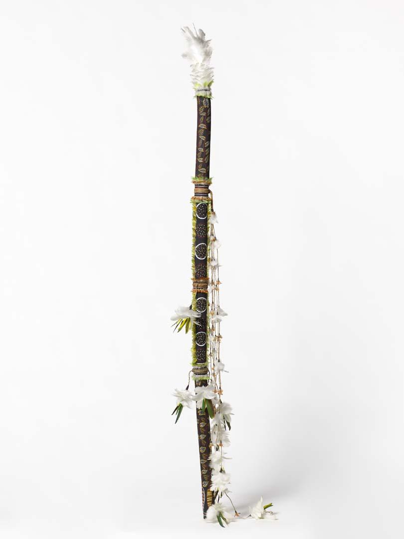 Artwork Banumbirr (Morning Star pole) this artwork made of Wood, bark fibre string, feathers, native beeswax, synthetic polymer paint, created in 1999-01-01