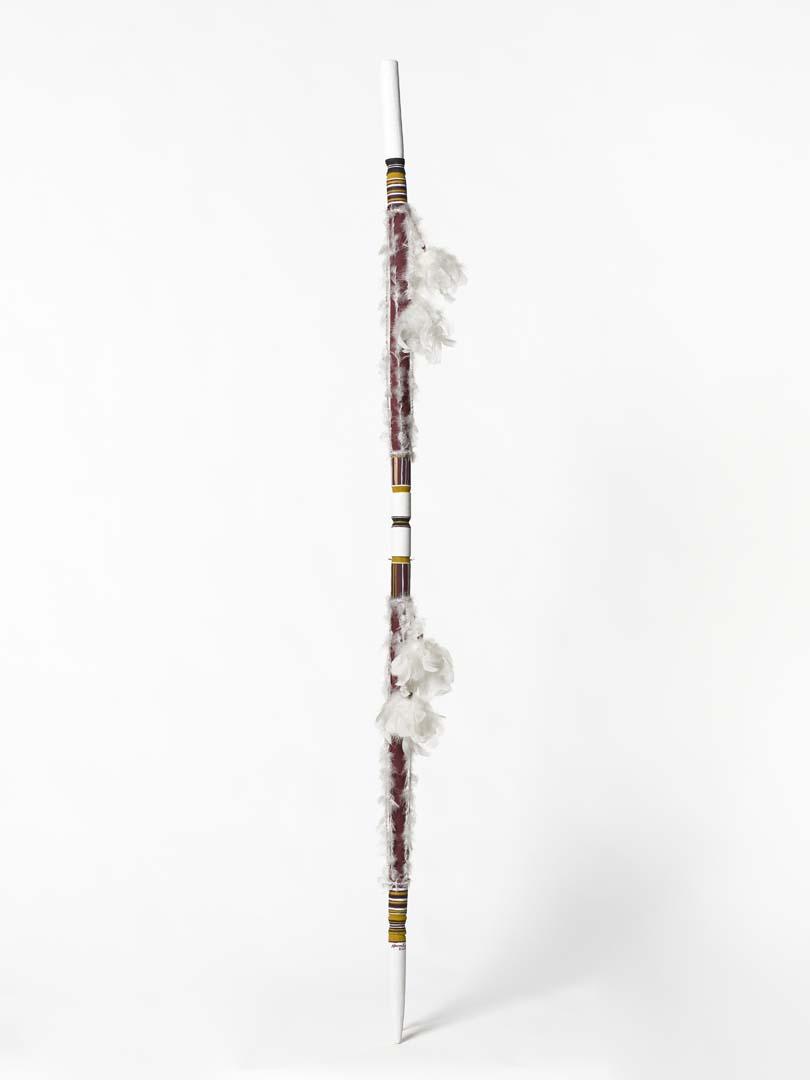 Artwork Digging stick (Wapitja) this artwork made of Wood, bark fibre string, cotton thread, feathers, synthetic polymer paint