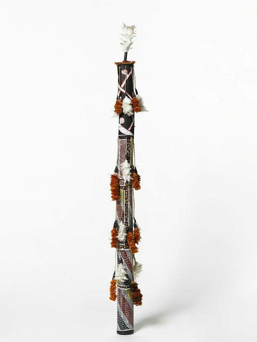 Artwork Banumbirr (Morning Star pole) this artwork made of Wood, bark fibre string, cotton thread, feathers, native beeswax, created in 1997-01-01