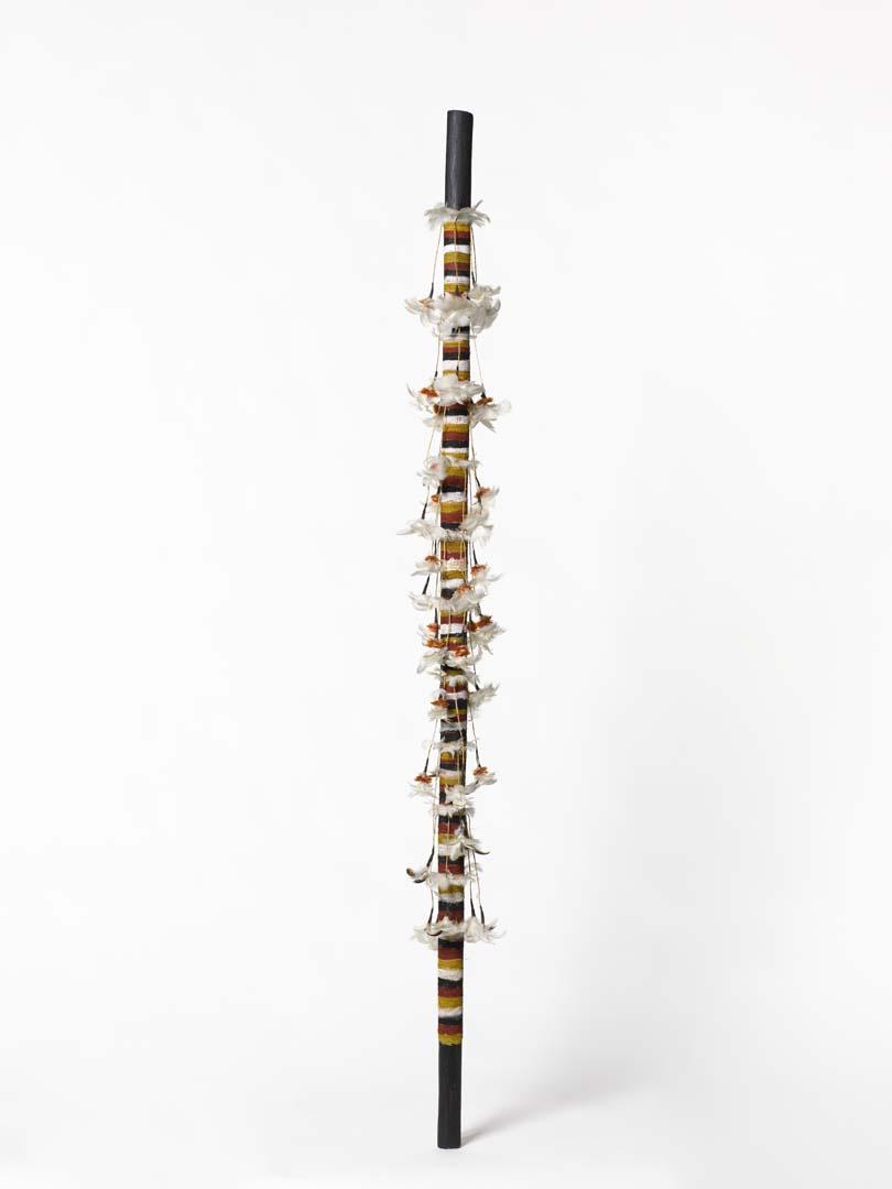 Artwork Banumbirr (Morning Star pole) this artwork made of Wood, bark fibre string, cotton thread, feathers, natural pigments, created in 1998-01-01