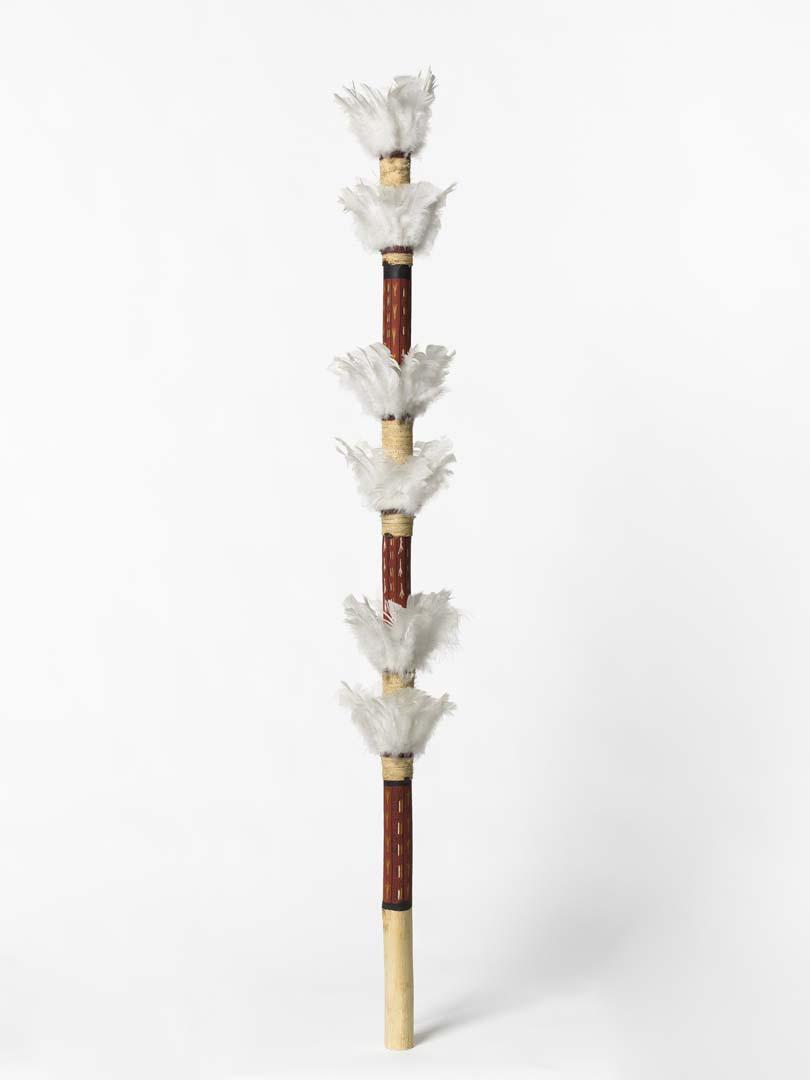 Artwork Banumbirr (Morning Star pole) this artwork made of Wood, bark fibre string, commercial feathers, native beeswax, natural pigments, created in 1998-01-01