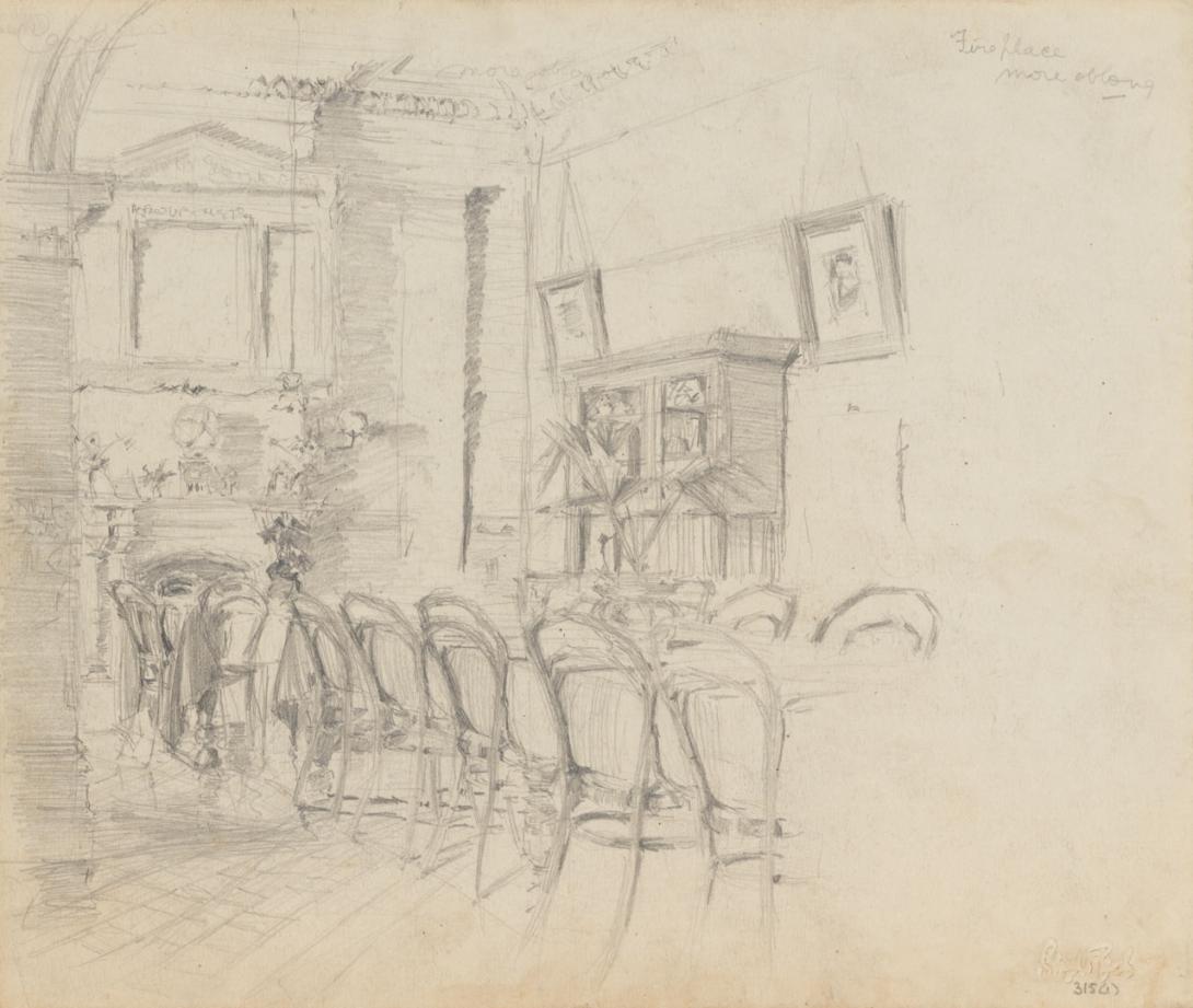 Artwork Study for 'A corner of the dining room' this artwork made of Pencil on paper