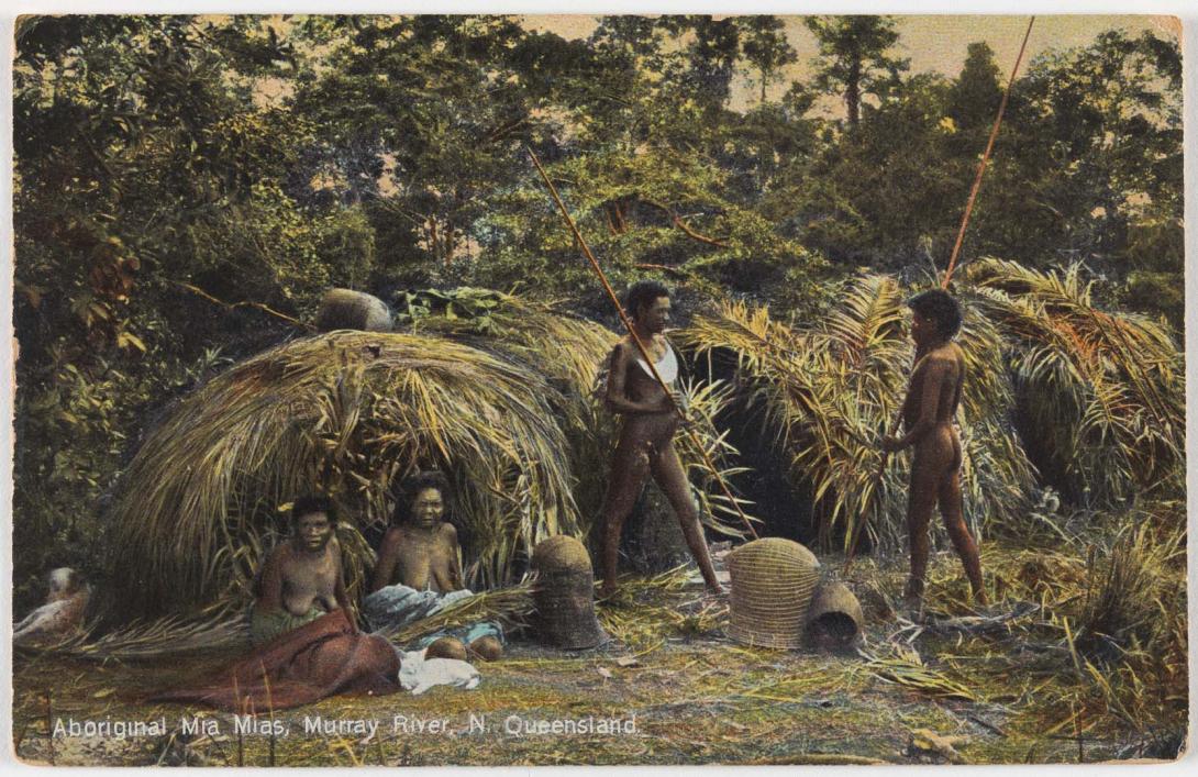 Artwork Aboriginal Mia Mias, Murray River, North Queensland this artwork made of Colourised postcard, created in 1900-01-01