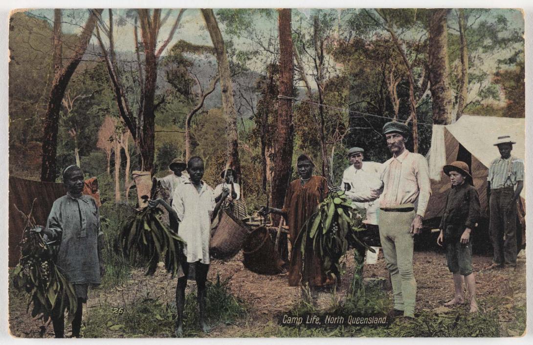 Artwork Camp life north Queensland this artwork made of Colourised postcard, created in 1900-01-01
