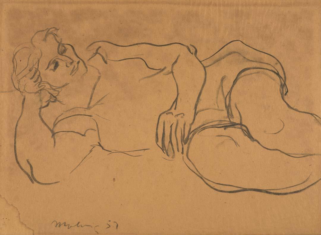 Artwork Maryke reclining no. 2 this artwork made of Charcoal on paper on hardboard, created in 1957-01-01