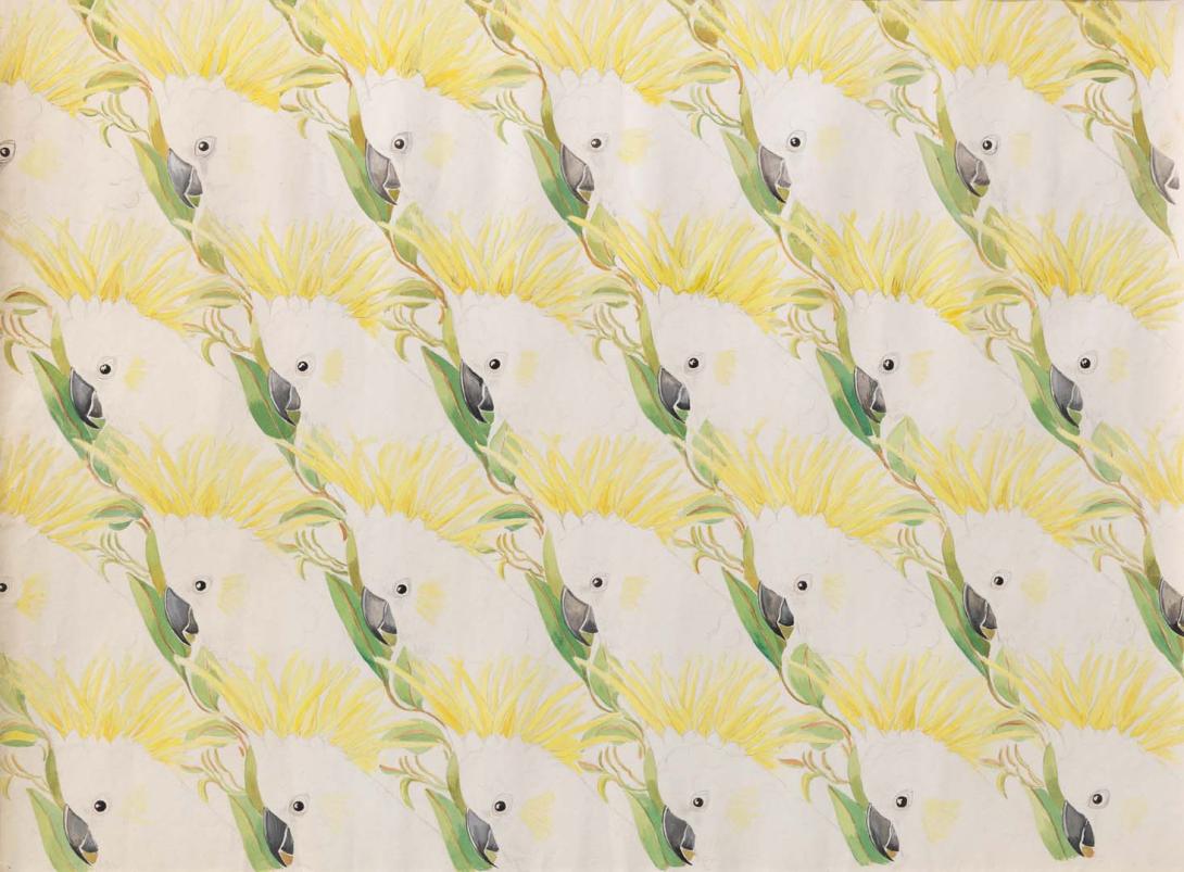 Artwork Wallpaper design: Sulphur crested cockatoo this artwork made of Watercolour with pencil on paper, created in 1930-01-01