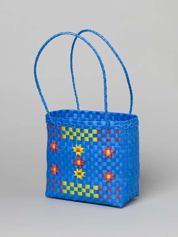 Artwork Basket this artwork made of Woven polypropylene tape (blue with yellow and red stars), created in 2011-01-01