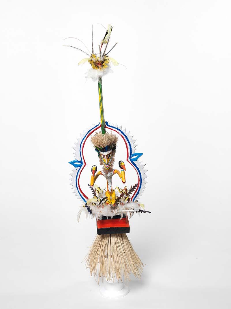 Artwork Tokatokoi this artwork made of Headdress: wood, feathers, synthetic polymer paint, grass fibre