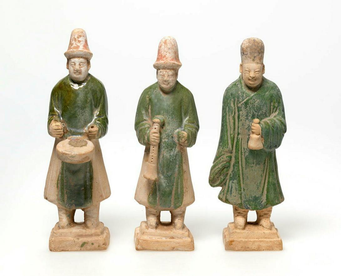 Artwork Three musician figures this artwork made of Cast earthenware, glaze, mineral pigments, created in 1368-01-01