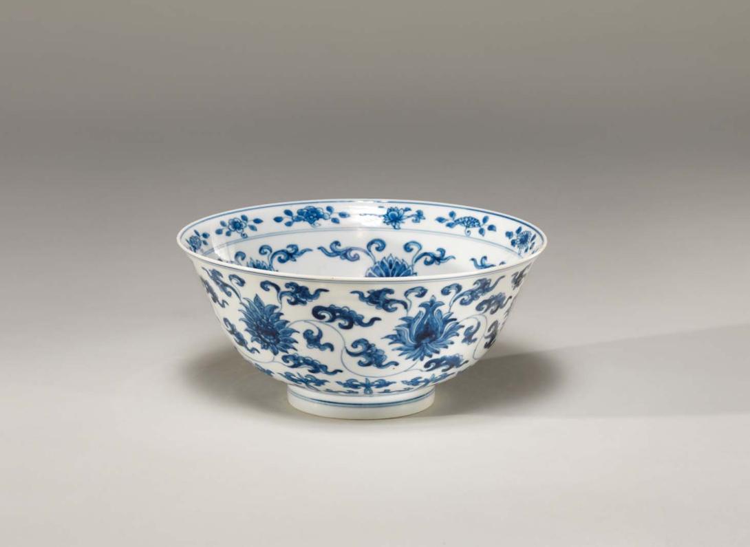 Artwork Bowl with lotus flowers and peony this artwork made of Porcelain, underglaze blue, created in 1662-01-01