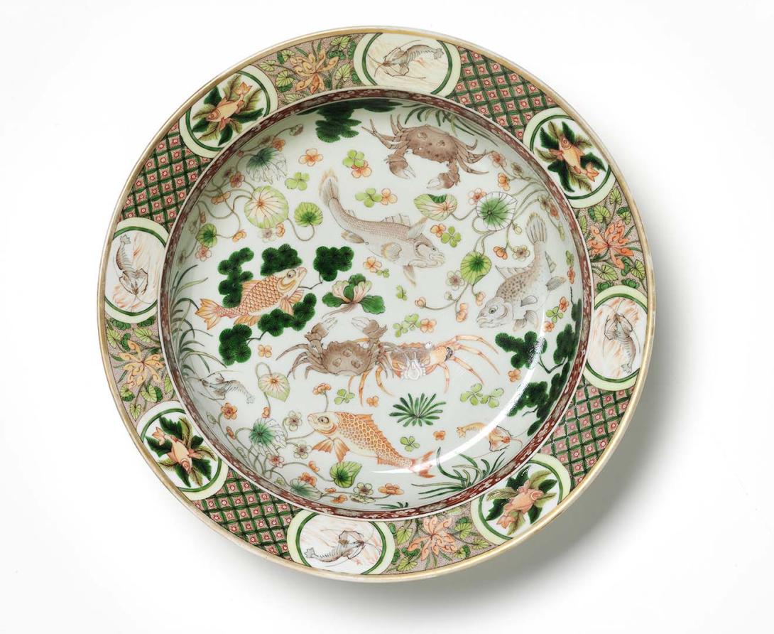 Artwork Famille verte basin this artwork made of Porcelain, overglaze enamels with fish, crustaceans and aquatic plants, created in 1821-01-01
