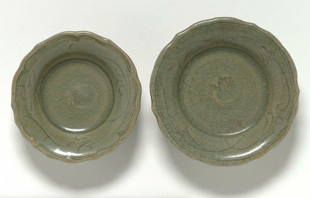 Artwork Pair of dishes this artwork made of Stoneware, celadon crackle glaze, foliate rimmed with incised floral designs, created in 1400-01-01