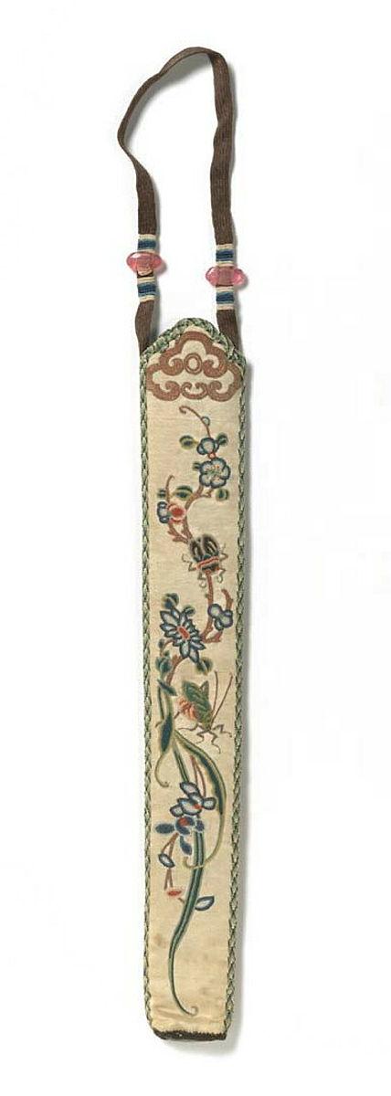 Artwork Fan case with flowers and insects this artwork made of Silk, silk gauze, embroidery, created in 1880-01-01