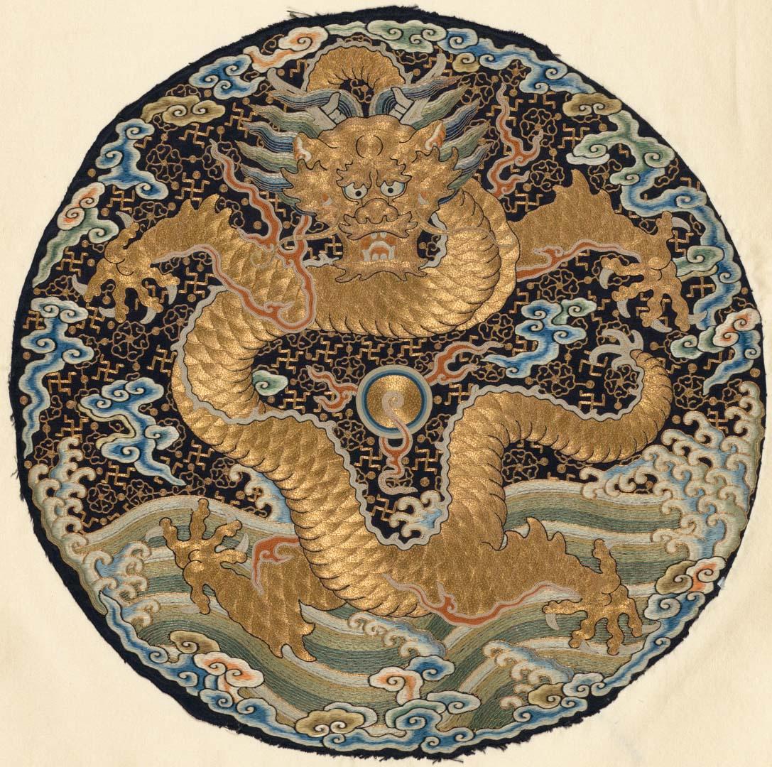 Artwork Round imperial badge of rank with five-clawed dragon for a princess this artwork made of Silk, embroidery, created in 1700-01-01