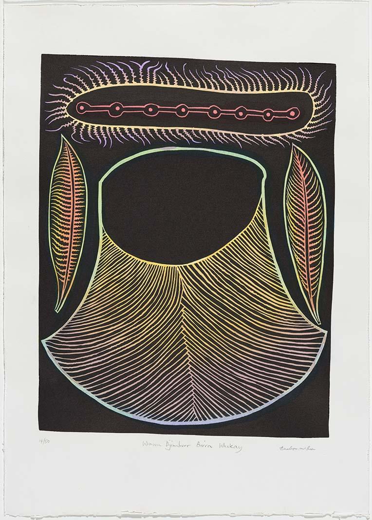 Artwork Wawu djimburr birra whukay (Horned basket for eucalyptus medicine leaves) (from 'Wawu bajin (Spirit baskets)' portfolio) this artwork made of Hand-coloured linocut on paper, created in 2010-01-01