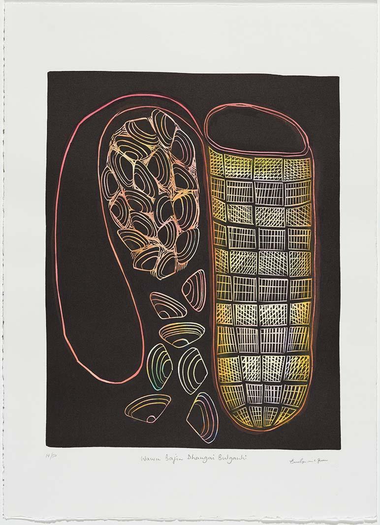 Artwork Wawu bajin dhangay bulganghi (Strainer for washing clams and shellfish) (from 'Wawu bajin (Spirit baskets)' portfolio) this artwork made of Hand-coloured linocut on paper, created in 2010-01-01