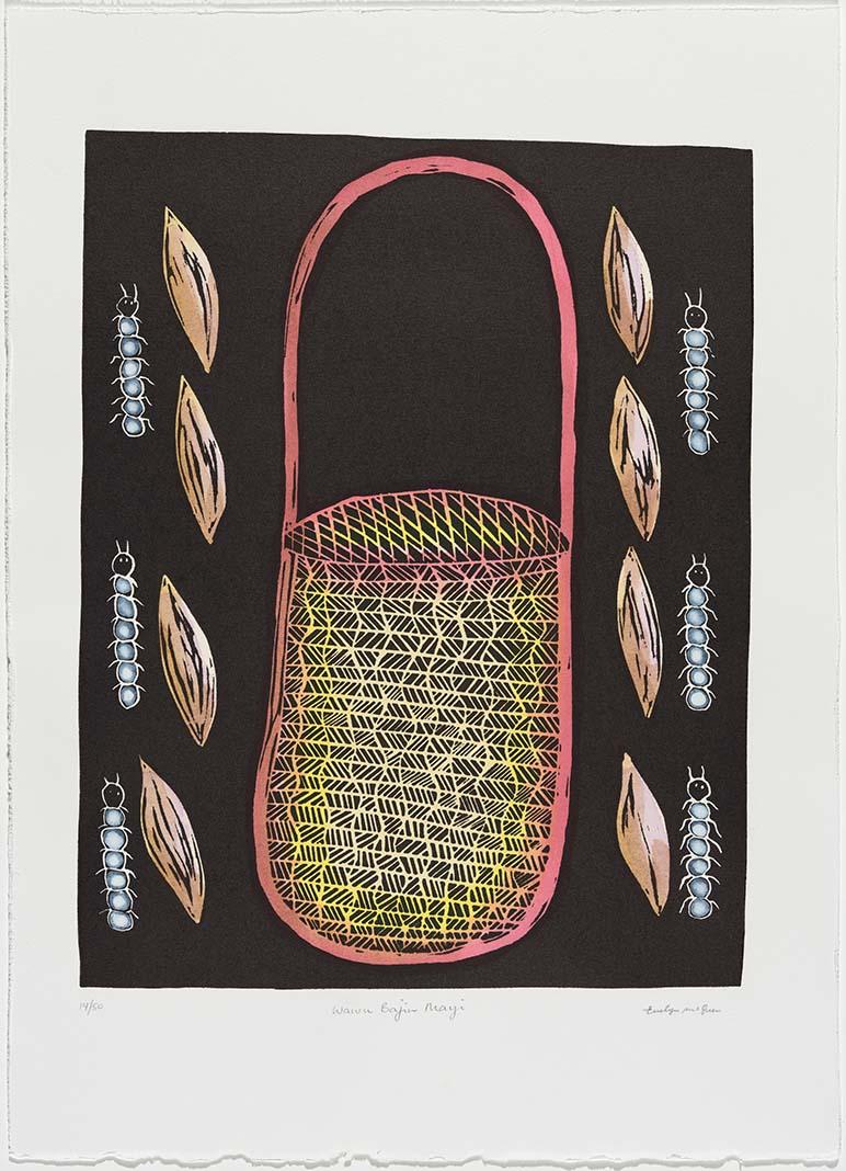 Artwork Wawu bajin mayi (Basket for collecting bush tucker) (from 'Wawu bajin (Spirit baskets)' portfolio) this artwork made of Hand-coloured linocut on paper, created in 2010-01-01