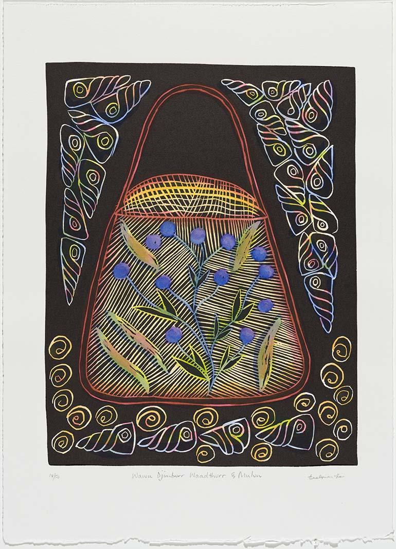 Artwork Wawu djimburr waadthurr and Mulun (Horned basket for collecting cone shells and quondong fruit) (from 'Wawu bajin (Spirit baskets)' portfolio) this artwork made of Hand-coloured linocut
