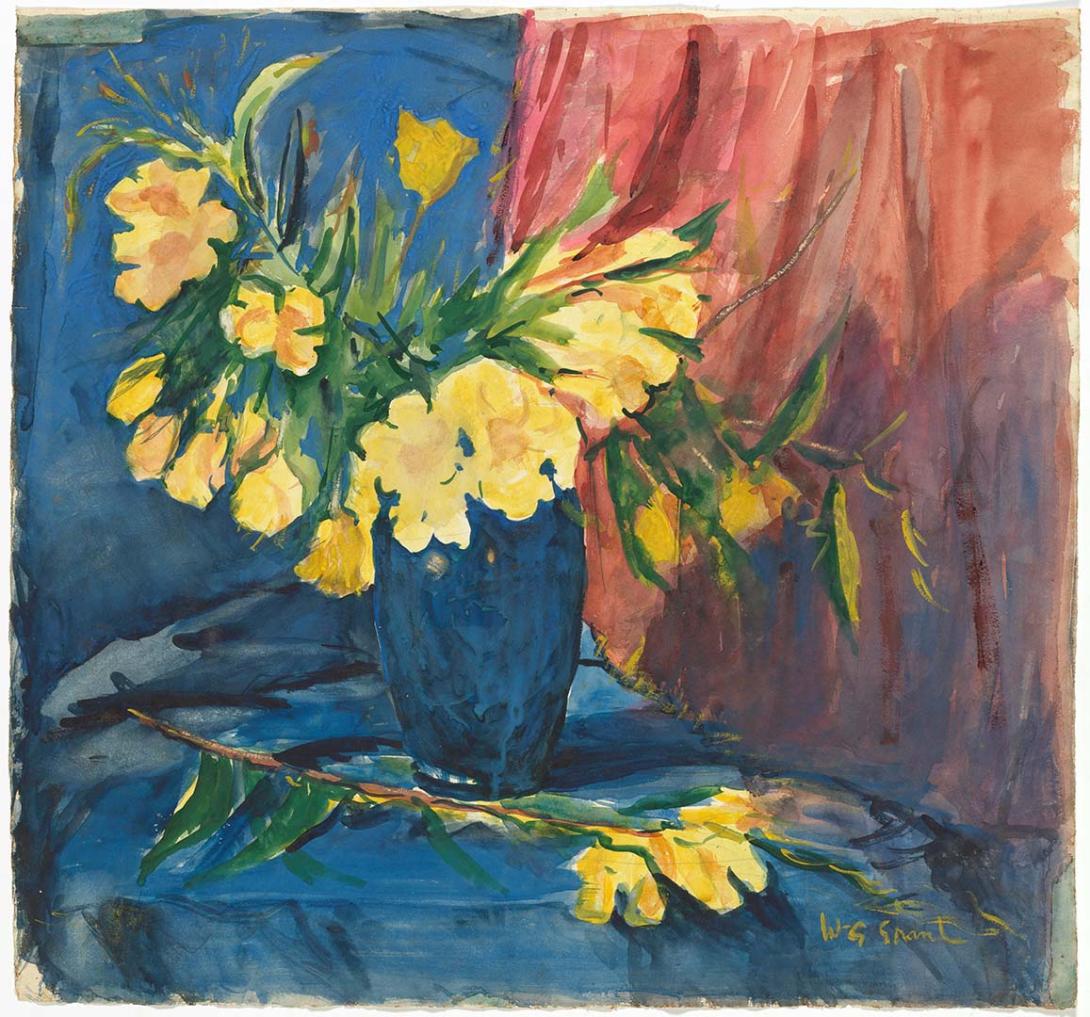 Artwork Alamandas in a blue vase this artwork made of Watercolour on paper, created in 1945-01-01
