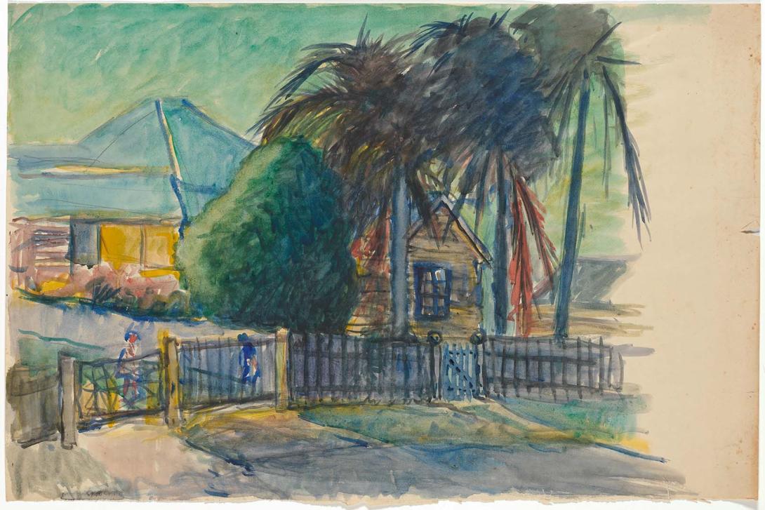 Artwork Suburban house with palms this artwork made of Watercolour on paper, created in 1945-01-01