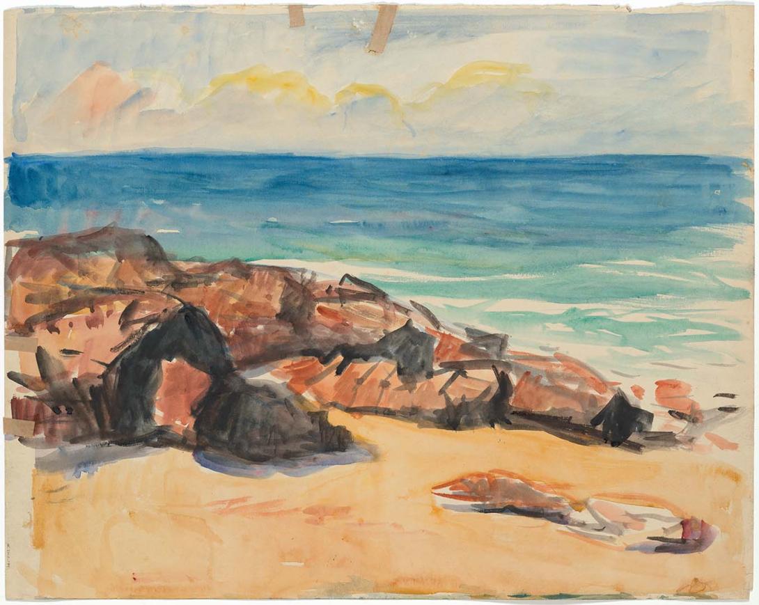 Artwork Rocks and beach this artwork made of Watercolour on paper, created in 1945-01-01
