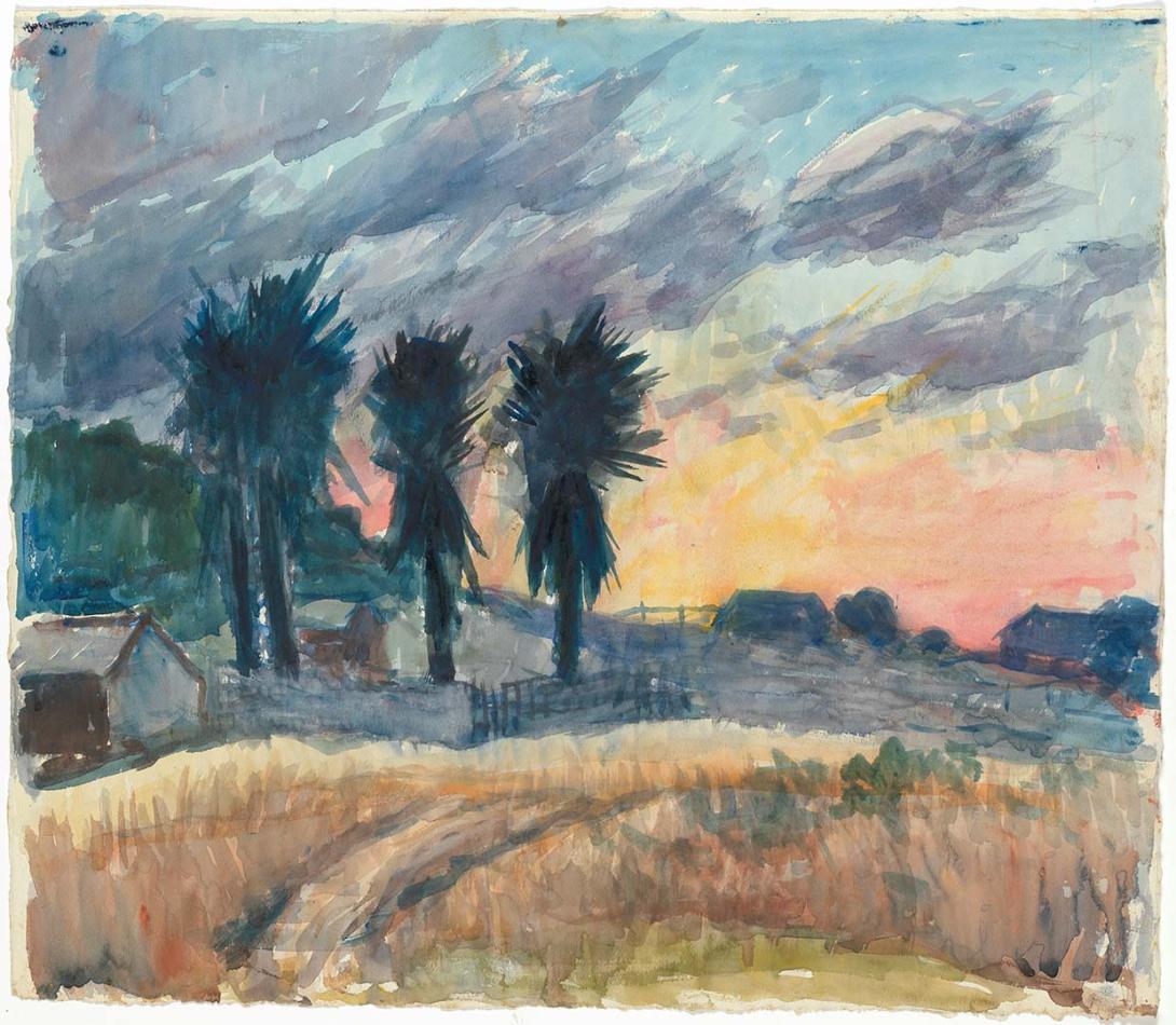 Artwork Four palms against a sunset this artwork made of Watercolour on paper, created in 1940-01-01